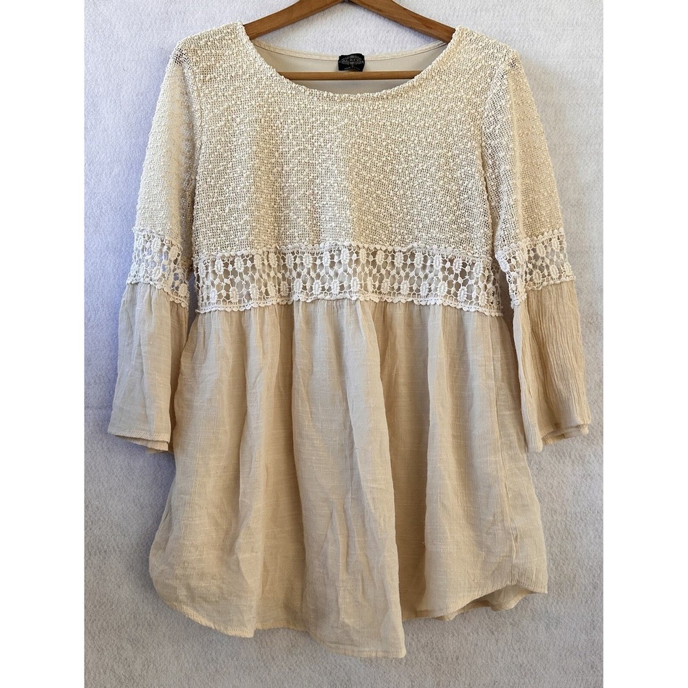 Cal Style Tunic Lace Flare Sleeve Boho Women Small Beige Excellent